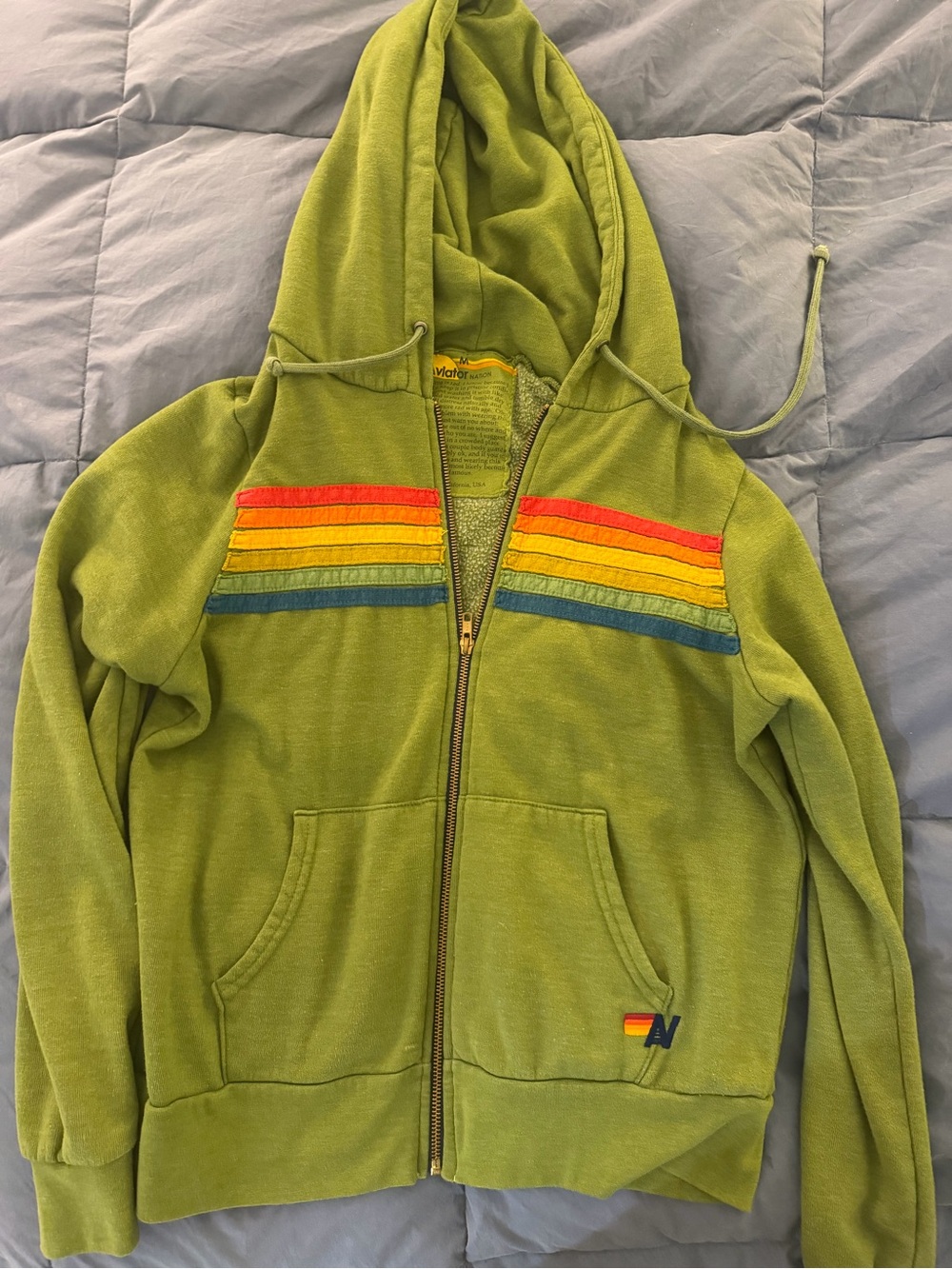 Aviation Nation Green Zip-Up Hoodie with Rainbow Stripe M